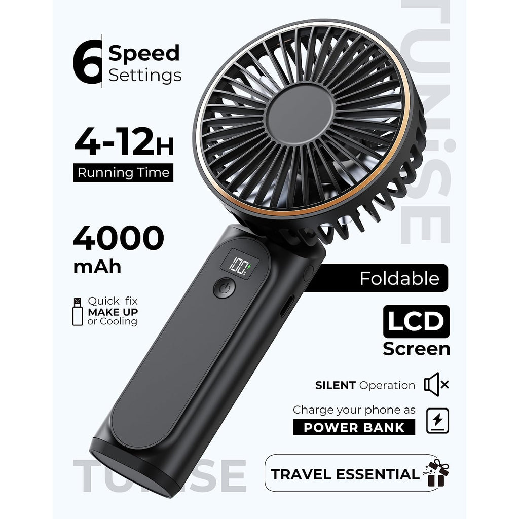 Tunise Portable Handheld Fan, Portable Fan Rechargeable, 4000Mah, 180° Adjustable, 6 Speed Wind, Display Electricity In Real Time, Usb Rechargeable Foldable F An, Quiet Personal Fan As Power Bank