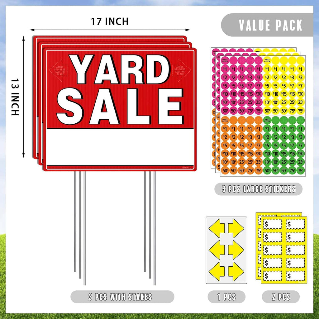 Yard Sale Signs Kit With Price Stickers (8 Pack), 3 Pcs Yard Sale Signs With Stakes, 5 Pcs Garage Sales Price Stickers, Directional Arrows Sign, Garage Sales Supplies, Large Prices Tags, Double Sided