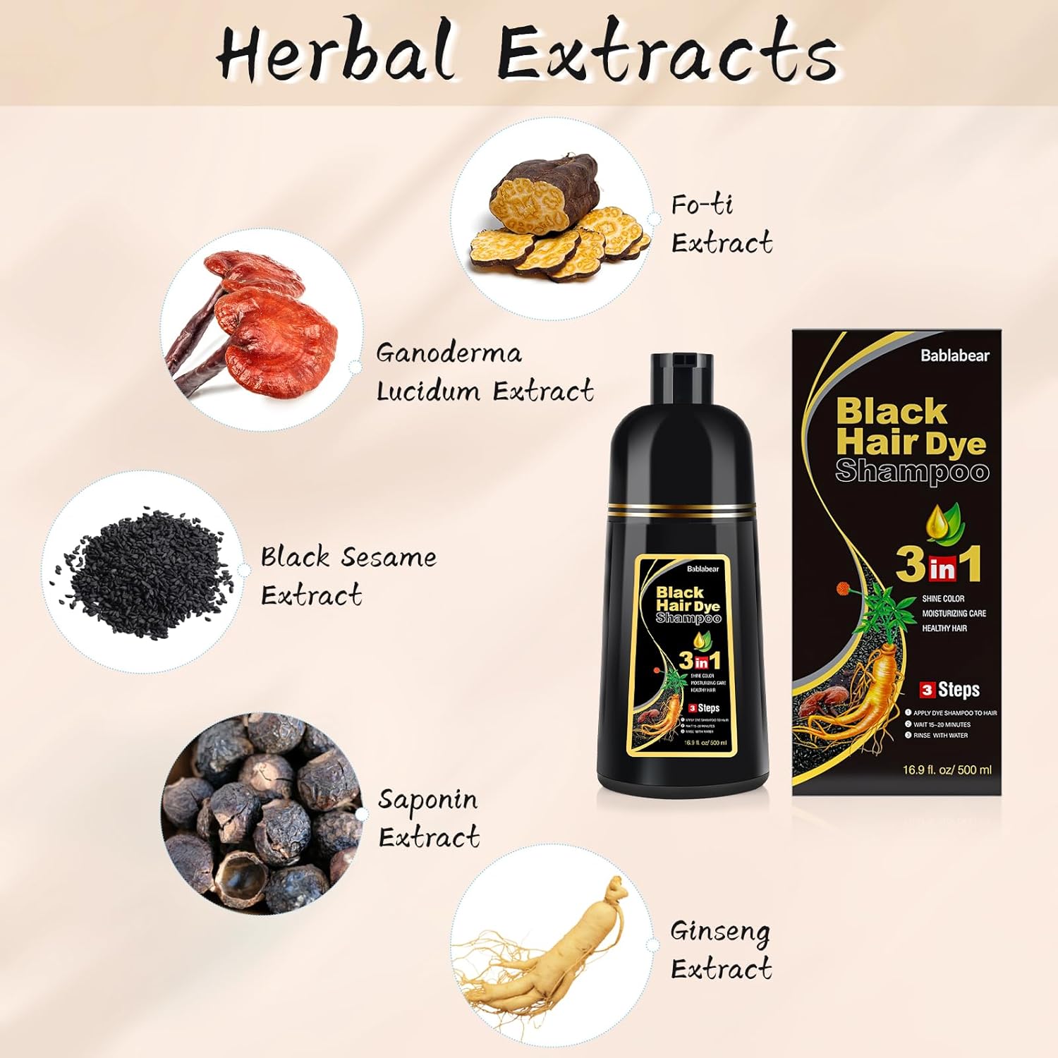 Bablabear Black Hair Dye Shampoo for Gray Hair, Semi-Permanent Hair Color Shampoo for Women and Men, Herbal Ingredients, 3 in 1 100% Grey Coverage.Lasts 30 Days/500ml/Natural herbal Ingredients