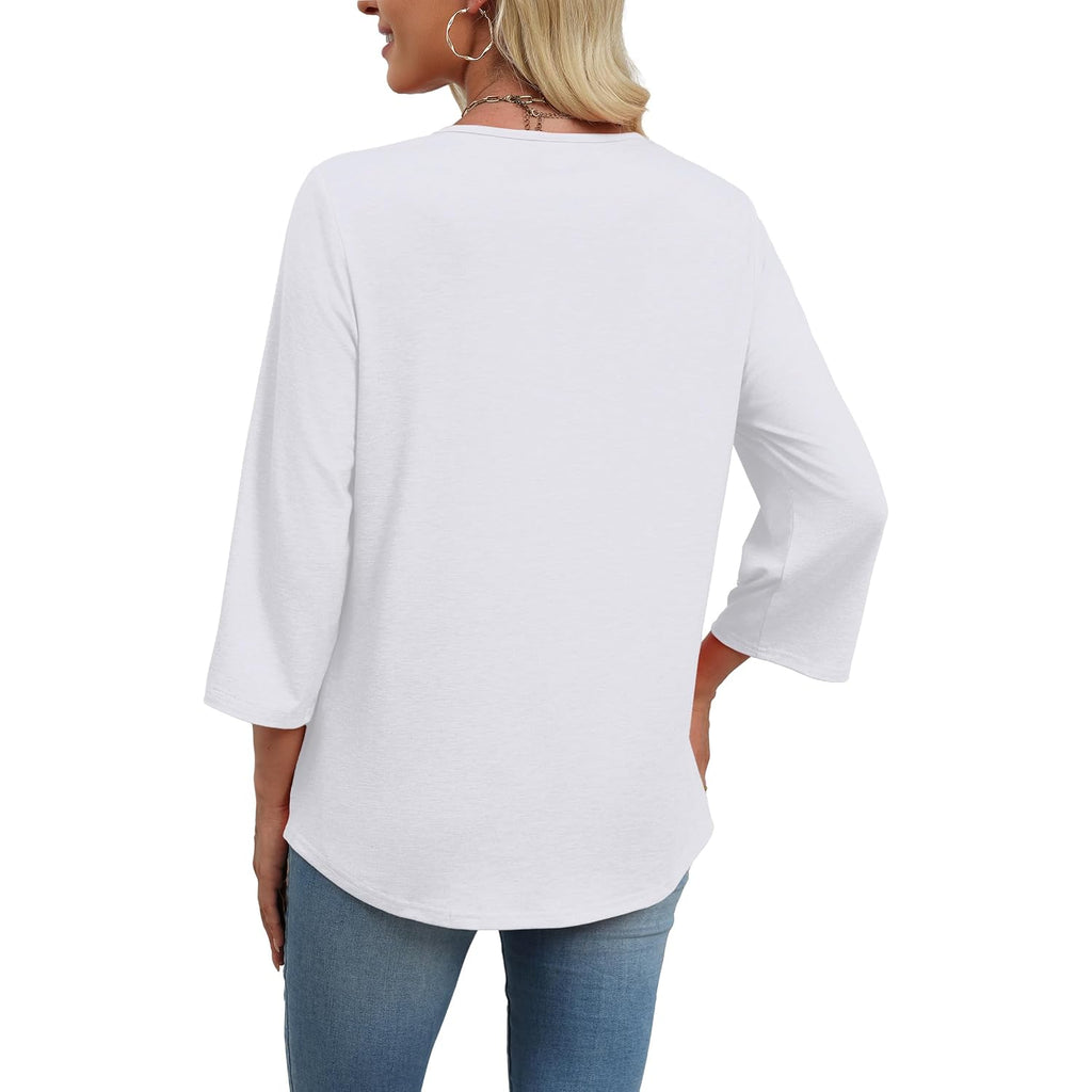 WIHOLL 3/4 Length Sleeve Womens Tops Boho V Neck Lace Shirt Trendy Blouses Dressy Casual Vacation Clothes S-3XL