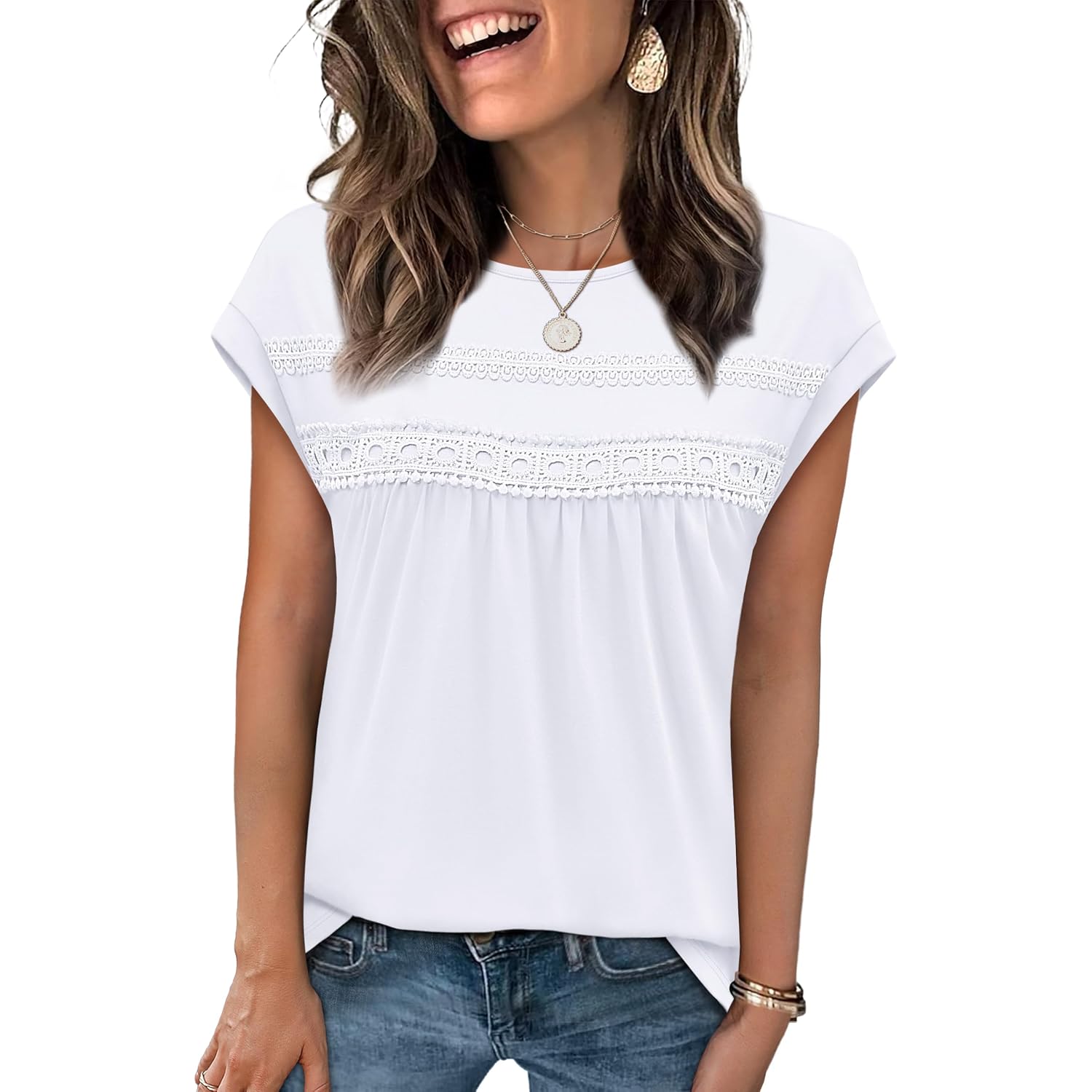 Wiholl Womens Summer Tops Trendy 2026 Lace Crochet Cap Short Sleeve Shirts Crew Neck T Shirts Casual Loose Blouses