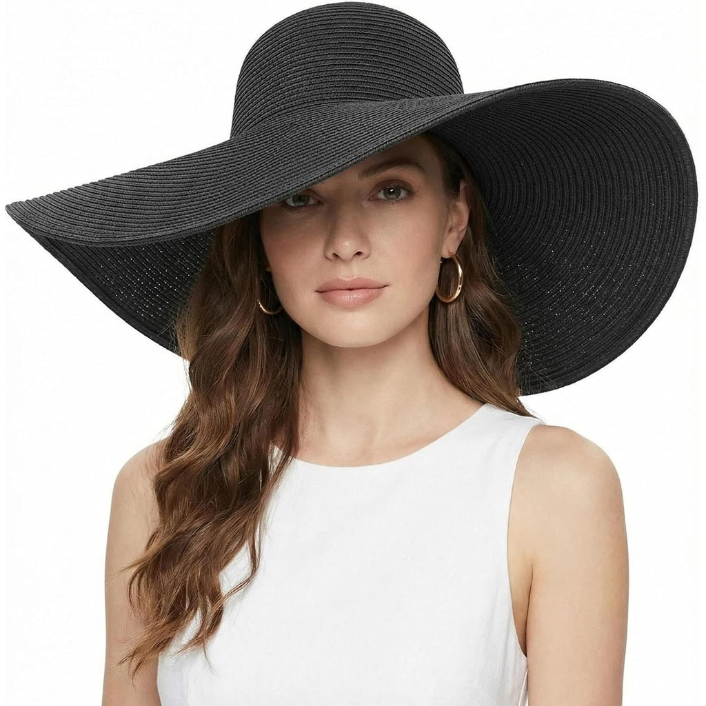 DRESHOW Big Straw Sun Hats for Women Floppy Foldable Roll up Beach Cap Sun Hat UPF 50+ Vacation Honeymoon Embroidered Hat Aca Wire: Black