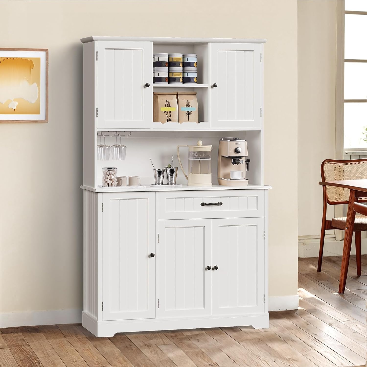 Gizoon Tall Kitchen Storage Cabinet With Door And Shelves, 67" Kitchen Pantry Cabinet Large Coffee Bar Hutch With Storage For Dining Room, Painted White
