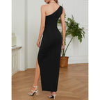 Sarin Mathews Womens One Shoulder Long Formal Dress Sexy Summer Sleeveless Bodycon Ruched Wrap Split Cocktail Dresses