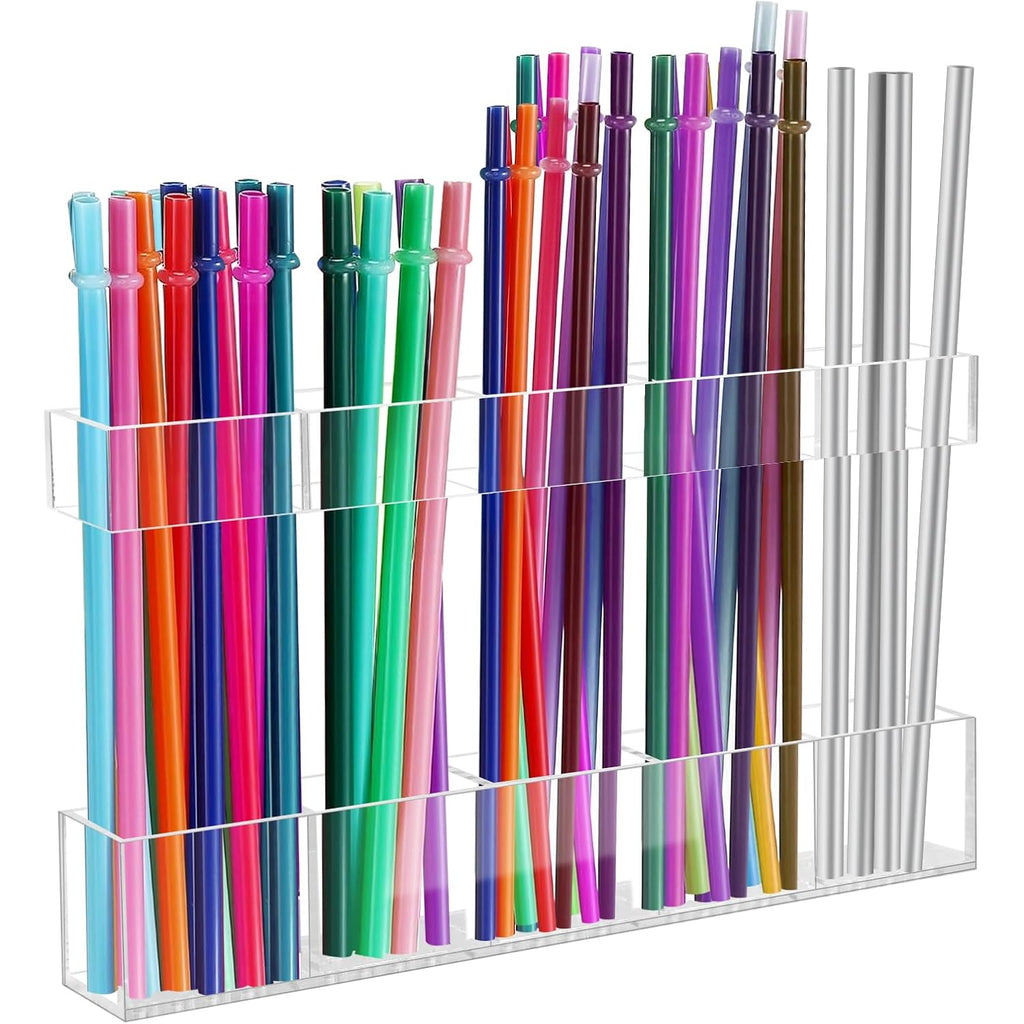 Malldii 9.5" Large Acrylic Straw Holder For Cabinet Door - Reusable Tumbler Straw Organizer Storage, Small Kitchen Accessories Container, Ultra Sticky Cupboard Door Mounted (Transparent)