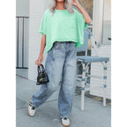 Cicy Bell Womens Summer Cropped T-Shirts Boxy Casual Short Sleeve Crew Neck Tops Acid Wash Cotton Loose Fit Tee Shirts