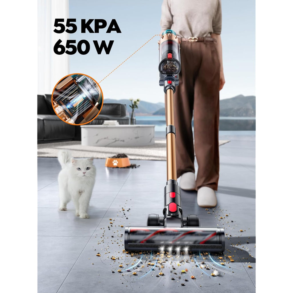 Cordless Vacuum Cleaner, 55Kpa 650W 70Mins Stick Vacuum Cleaners For Home With Motorized Bed Brush, Flexible Hose, Led Touchscreen, Auto Mode, Self-Standing & Wall Mount, For Pet Hair Carpet Floor