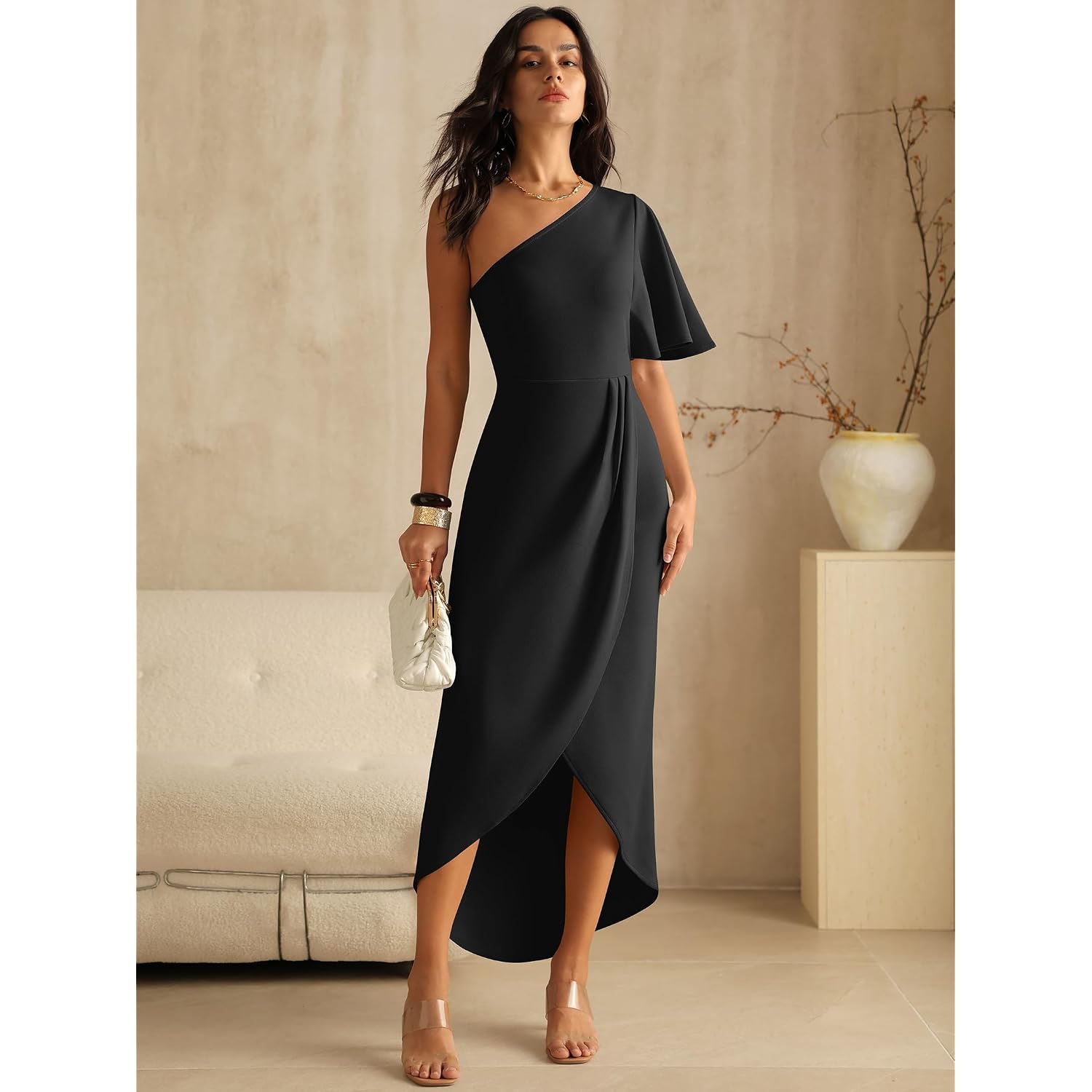 Anrabess Womens One Shoulder Formal Midi Dresses 2026 Summer Wrap High Slit Beach Wedding Guest Party Cocktail Maxi Dress