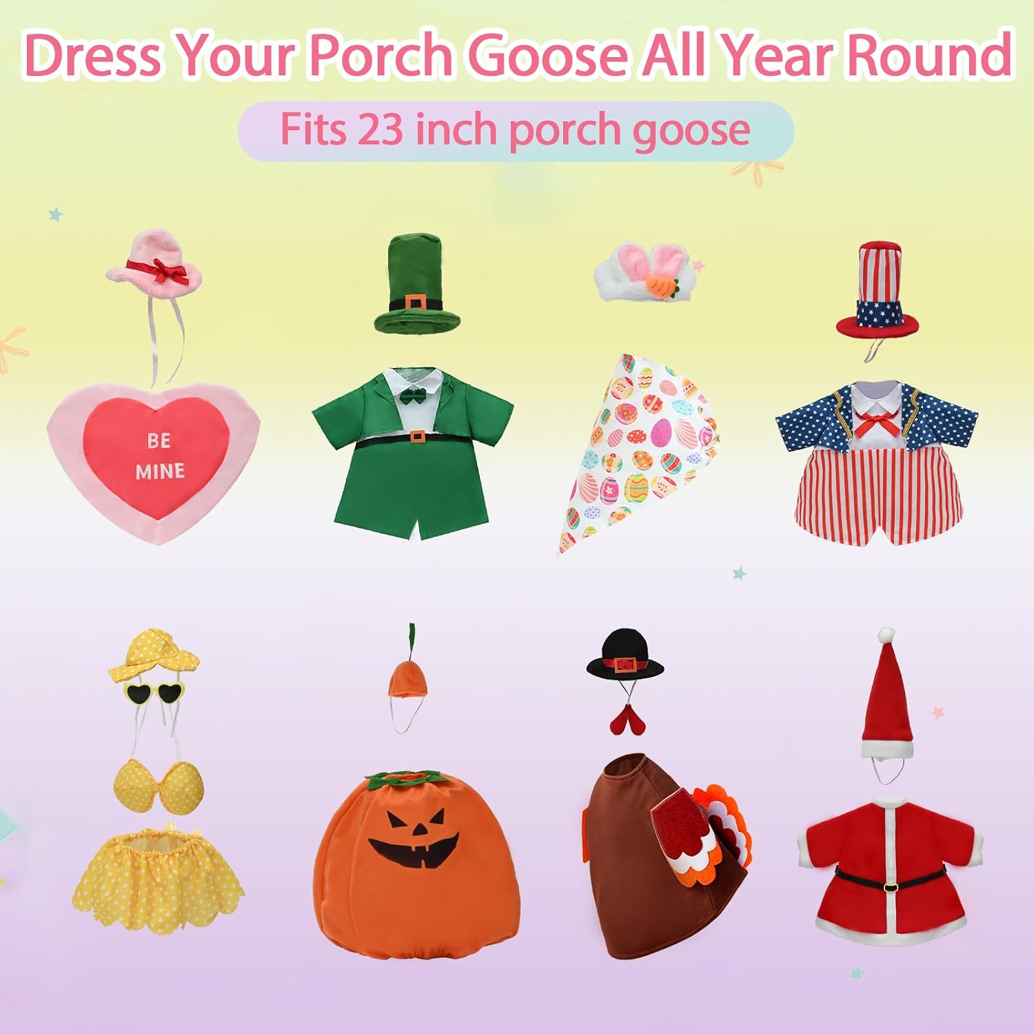 8 Set Holiday Porch Goose Outfits All Seasons Bundle For Valentine St. Patrick Easter Summer 4Th Of July Fall Halloween Christmas - Lawn Porch Goose Clothing For Patio Yard Decor