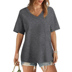 Aokosor Womens V Neck Short Sleeve T Shirts Summer Tops 2026 Casual Loose Tees Trending Now S-4XL