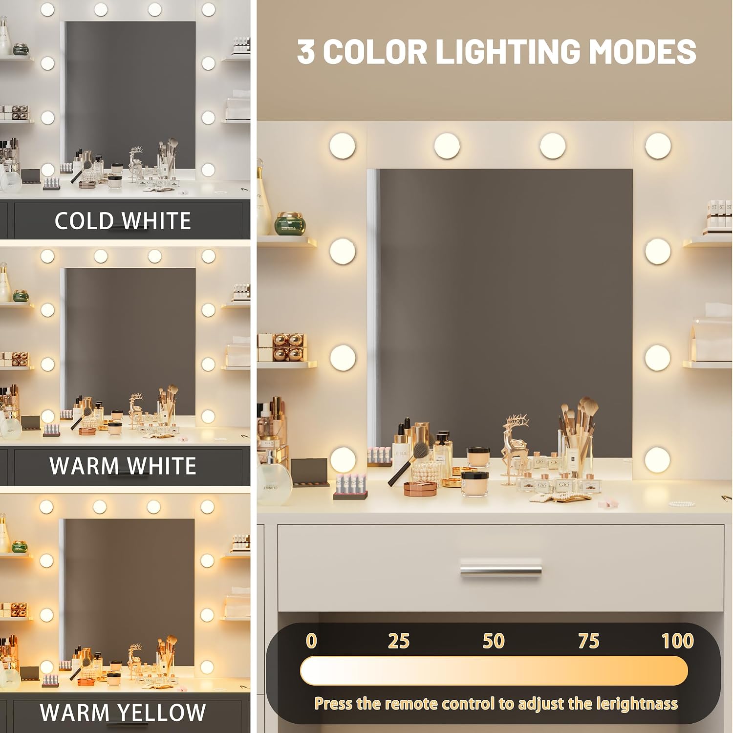 Furmax Vanity Desk With Mirror, Led Lights And Power Outlet Makeup Vanity Table With 7 Drawers And 6 Storage Shelves Dressing Table For Bedroom Dressing Room (White)