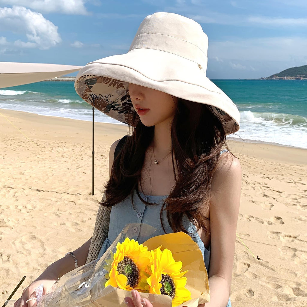 HUAMULAN Women Wide Brim Summer Sun Hat Wired Edge Beach Bucket Fishing Hats Reversible Foldable Travel UV Protection