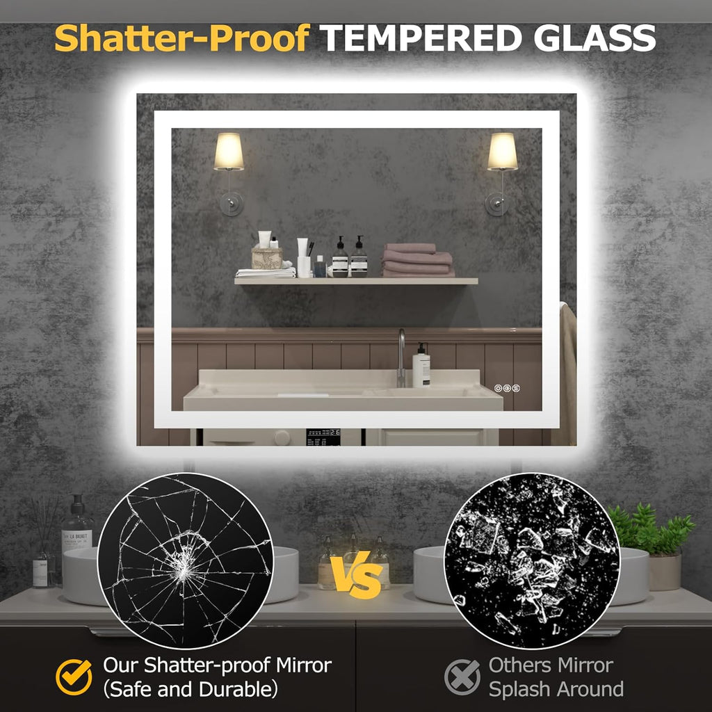 Hivone 40X32 LED Bathroom Mirror with Lights, Anti-Fog, Dimmable, Backlit + Front Lit, Smart Bathroom Vanity Mirror, Memory Function, Shatterproof, Tempered Glass (Horizontal/Vertical)