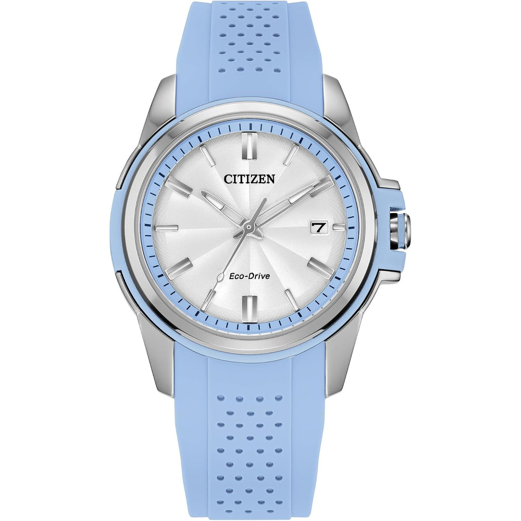 Citizen Ladies Eco-Drive Veya, 33.4Mm Silver-Tone Stainless Steel Case With A Blue Silicon Strap & Silver-White Dial (Style: Fe1260-09A)