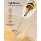 Electric Milk Frother Handheld: Coffee Frother Rechargeable 𝟑 𝐢𝐧 𝟏 - Led Display, Adjustable Wireless Charging - 3 Speeds, Stainless Steel Whisk For Latte, Cappuccino - Bright Black