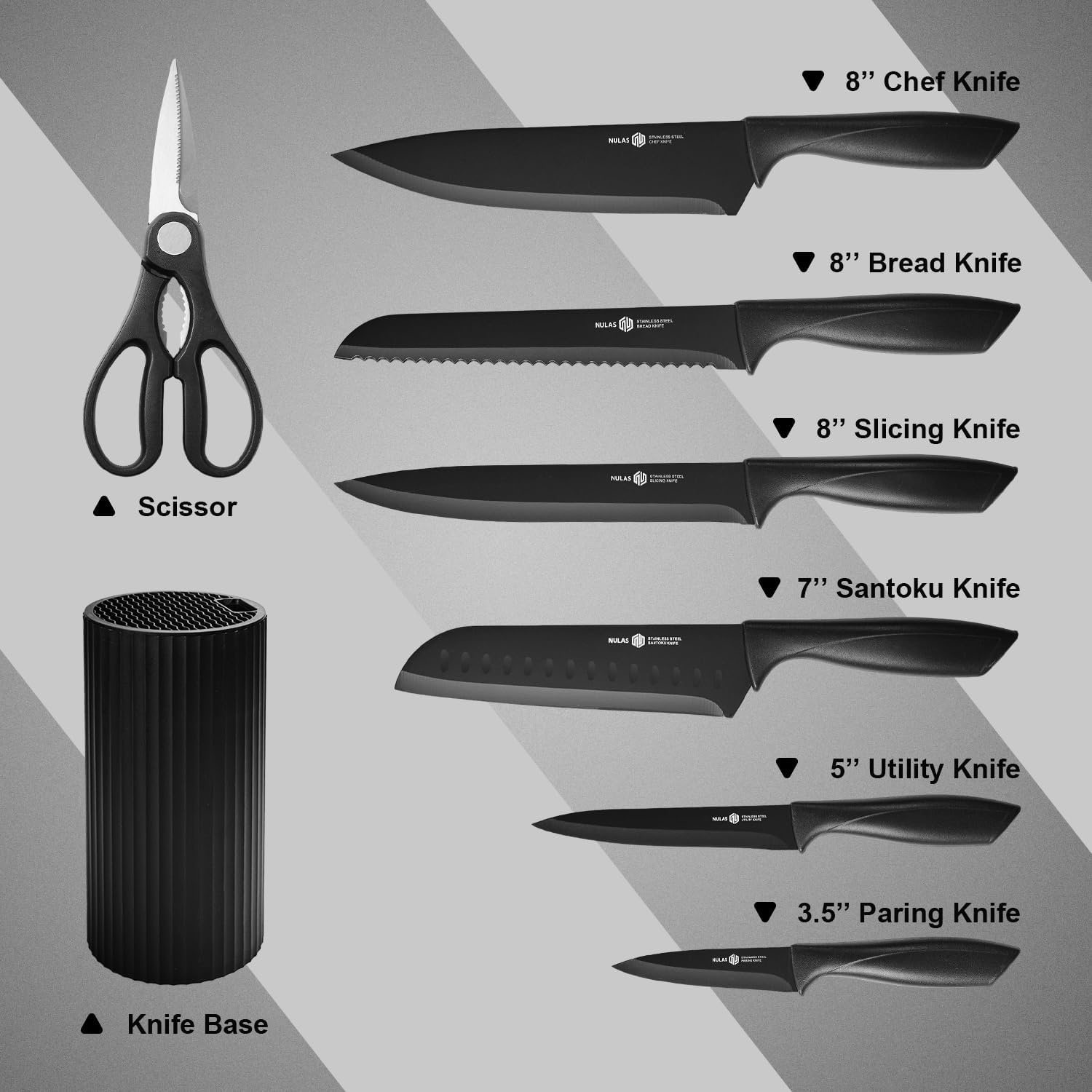 Knife Set, 8-Piece Kitchen Knife Set with Universal Block - Anti-Rust Chef Knives, Ergonomic Design, Dishwasher Safe (Black)