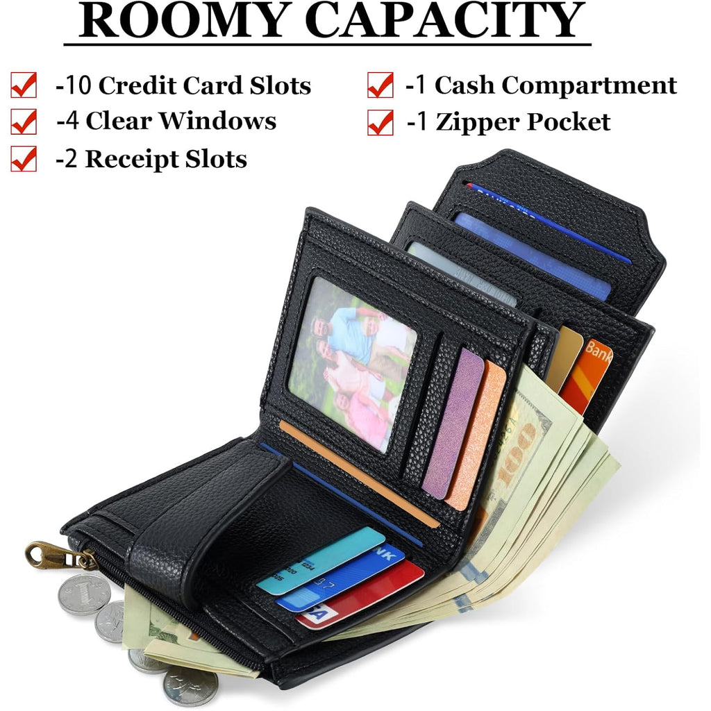 Airkit Small Wallet Women RFID Blocking Soft Leather Bifold Compact Card Holder Wallet for Women with Zipper Coin Pocket 4 ID Window