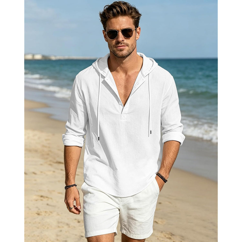 Men'S Cotton Linen Hoodies Casual Hooded Long Sleeve Button Down Shirts Lightweight Casual Hawaiian Beach Sweatshirts