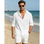 Men'S Cotton Linen Hoodies Casual Hooded Long Sleeve Button Down Shirts Lightweight Casual Hawaiian Beach Sweatshirts