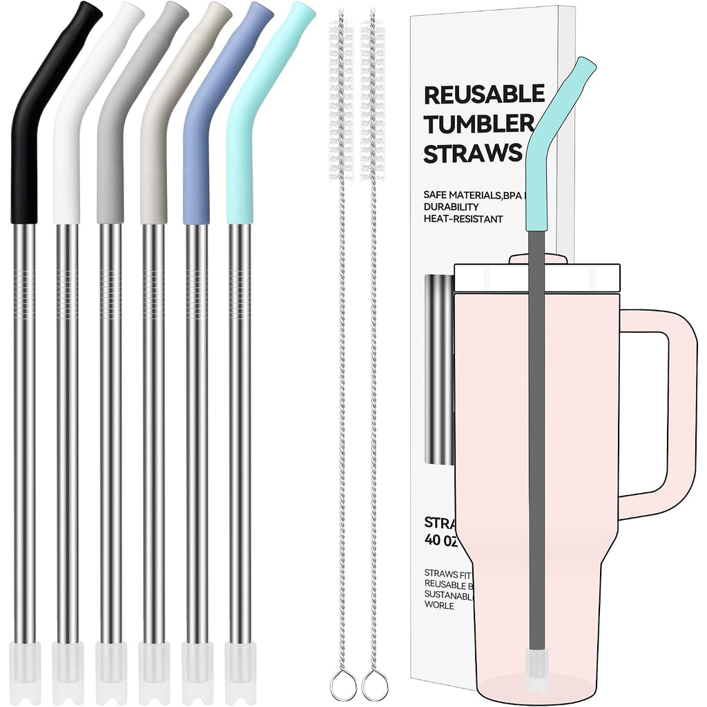 40 Oz Straight Metal Straws For 40 Oz Stanley Tumbler | 6 Pcs Stainless Steel Reusable Drinking Straw With Colourful Silicone Tips,Straw For Glass Cups, Bpa Free