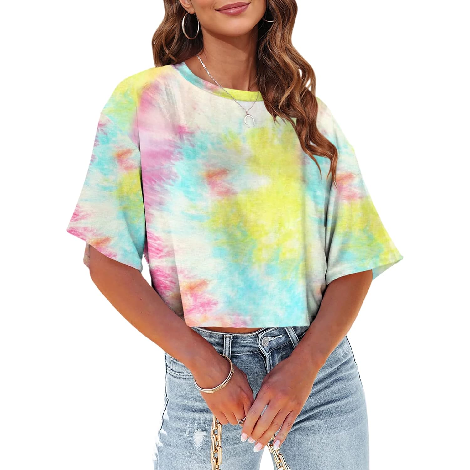 Tankaneo Women Half Sleeve Cropped T-Shirts Drop Shoulder Round Neck Crop Tops Casual Summer Solid Color Basic Tees