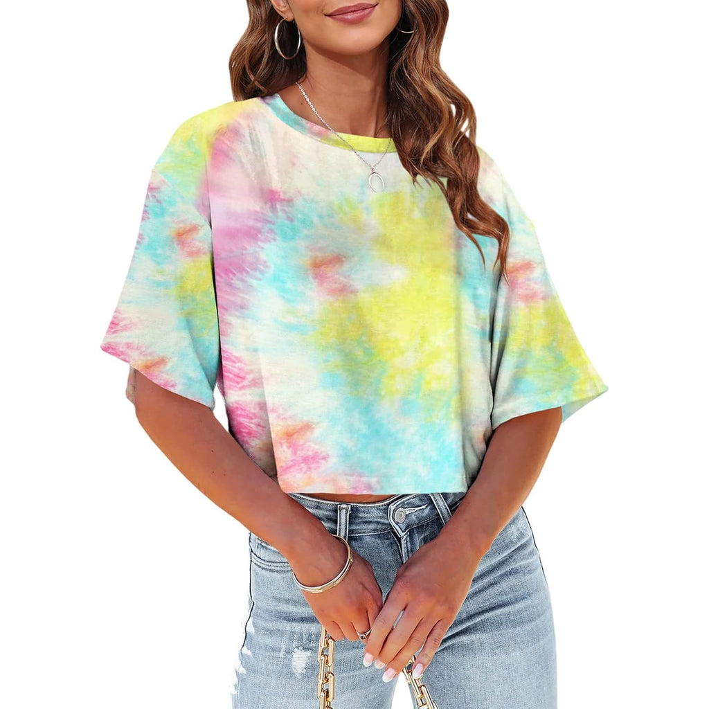 Tankaneo Women Half Sleeve Cropped T-Shirts Drop Shoulder Round Neck Crop Tops Casual Summer Solid Color Basic Tees