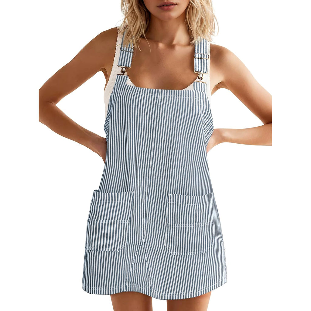 Womens Casual Denim Dress Summer Striped Overalls Romper Adjustable Straps Sleeveless Jean Dresses With Pockets