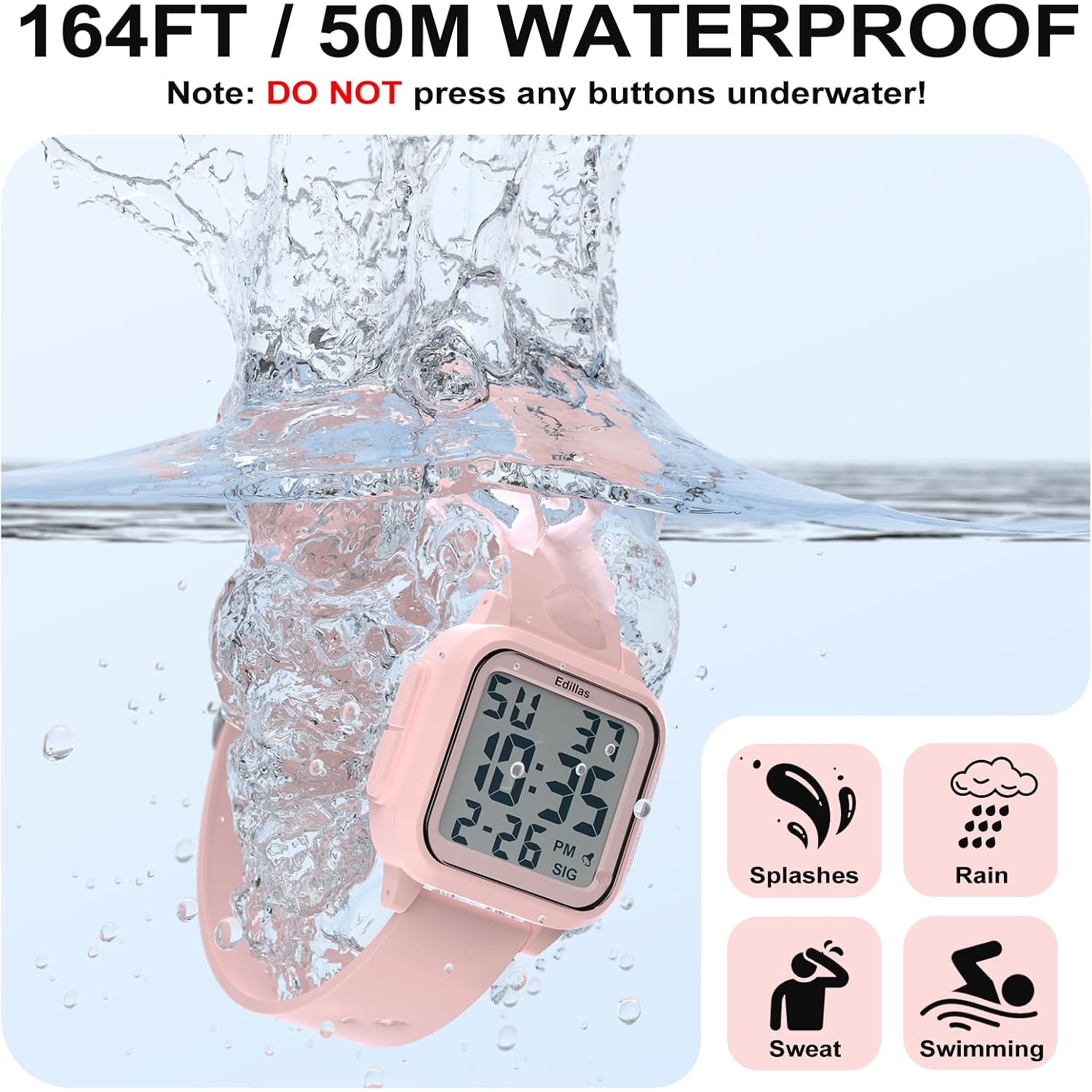 Edillas Square Sport Watch Digital For Women'S Men'S Big Numbers Large Face 5Atm Waterproof Alarm Stopwatch Date Week Military Back Light Wristwatch For Teenagers