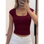 PRETTYGARDEN Womens Cap Sleeve T Shirts 2026 Square Neck Basic Tees Slim Fit Ribbed Knit Spring Going Out Tops Summer Clothes