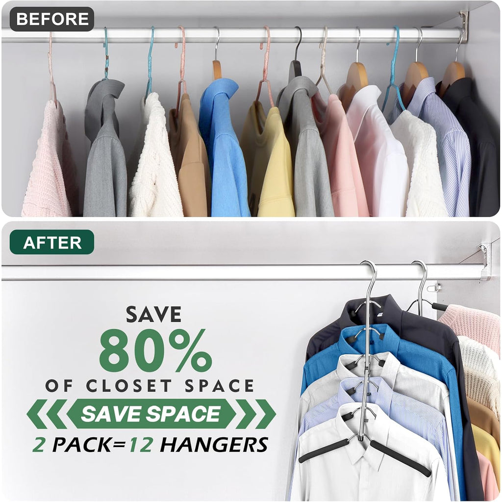 Doiown Space Saving 6 Tier Coat Hangers - Non Slip Foam Padded, Black Metal Sweater & T Shirt Hangers For Men & Women, 2 Pack Closet Organizers
