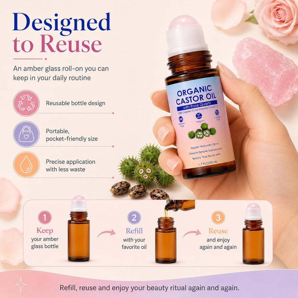 Organic Castor Oil Roll On With Rose Quartz Roller, 100% Organic Cold Pressed Castor Moisturizing Oil For Face And Body, Neck, Moisturize Skin 50Ml / 1.7 Fl Oz