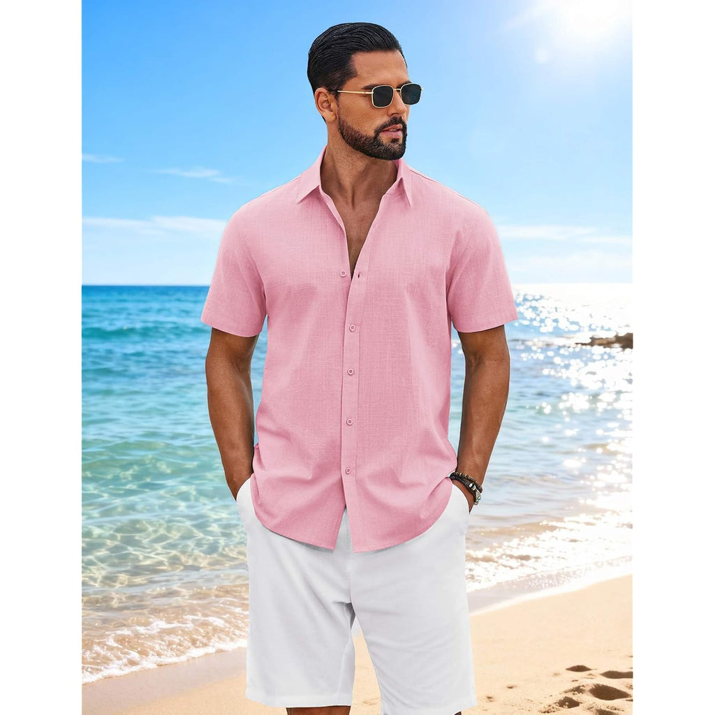Coofandy Mens Button Down Shirts Short Sleeve Casual Shirt Cotton Summer Beach Linen Wedding Shirts