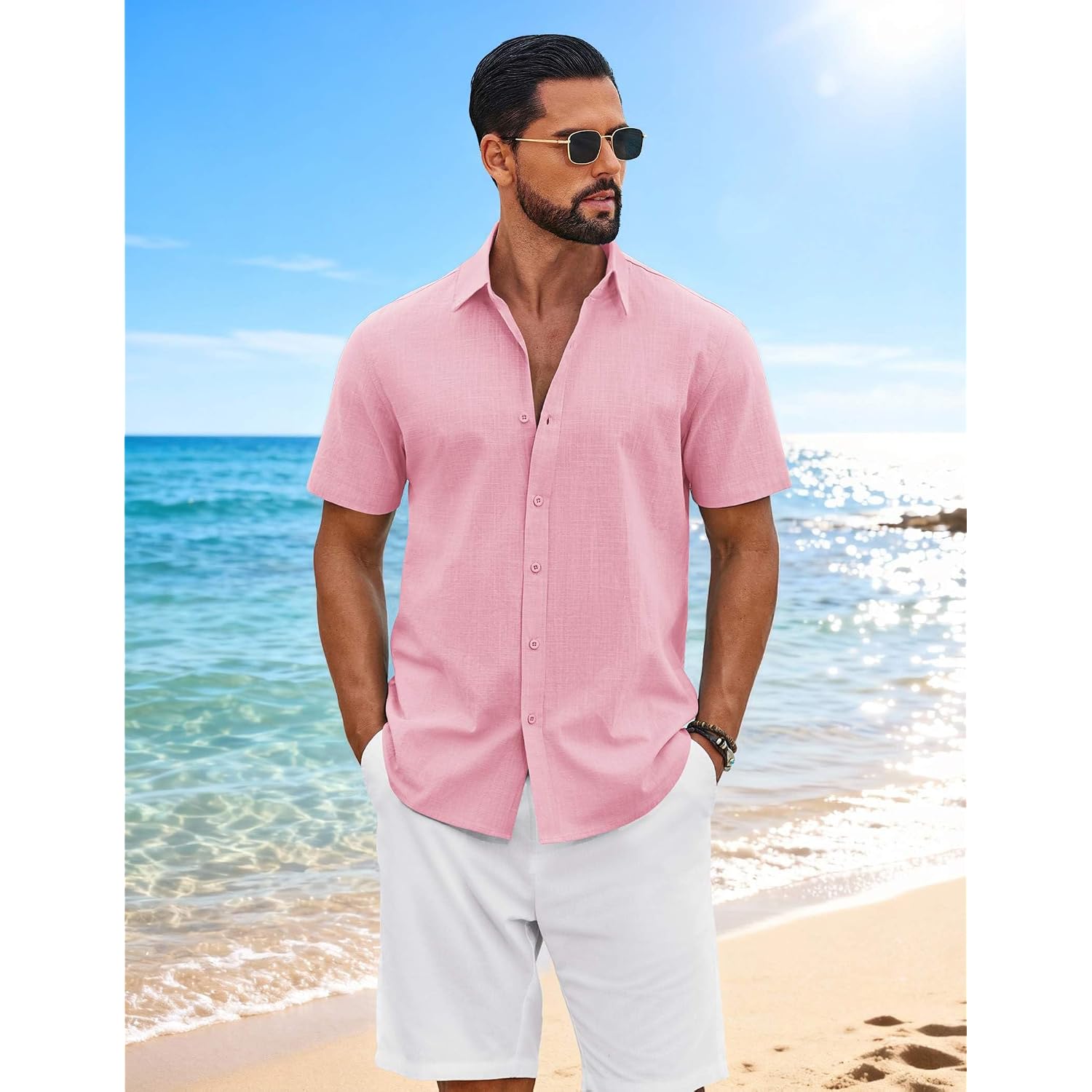 Coofandy Mens Button Down Shirts Short Sleeve Casual Shirt Cotton Summer Beach Linen Wedding Shirts