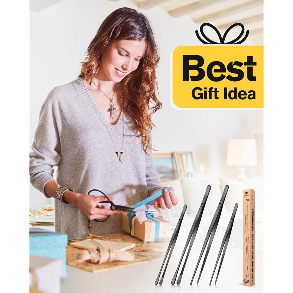 4 Pcs Fine Long Tweezer Tongs Professional Black, 12'' And 10'' Stainless Steel For Kitchen, Food, Cooking, Repairing, Sea Food And Bbq