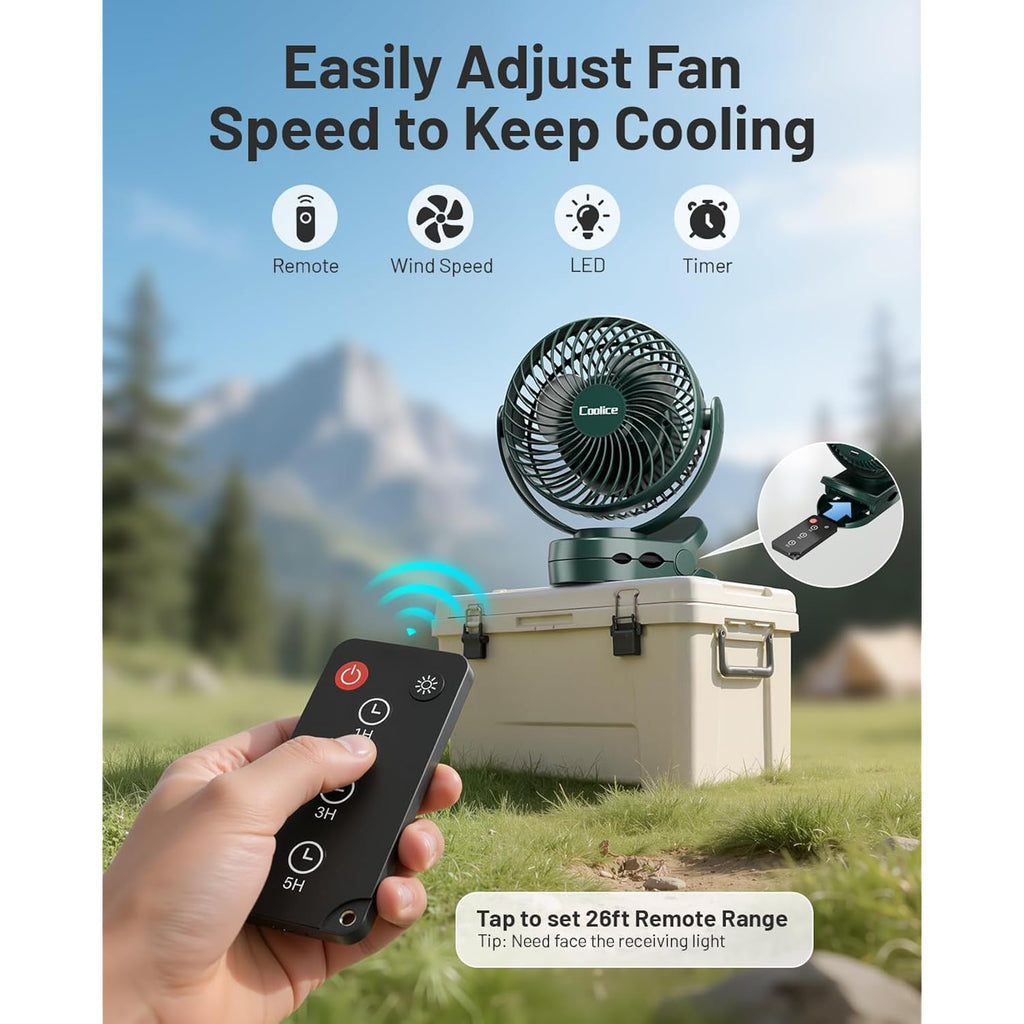 Camping Fan With Remote Control - 12000Mah Rechargeable Battery Powered Fan, Camping Fans For Tents With Led Light & Hanging Hook, Rechargeable Battery Operated Ceiling Fans For Tent Rv Bed, Green