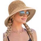 FURTALK Summer Straw Beach Sun Hats for Women UPF 50 Floppy Wide Brim Travel Bucket Hat Foldable Packable Khaki