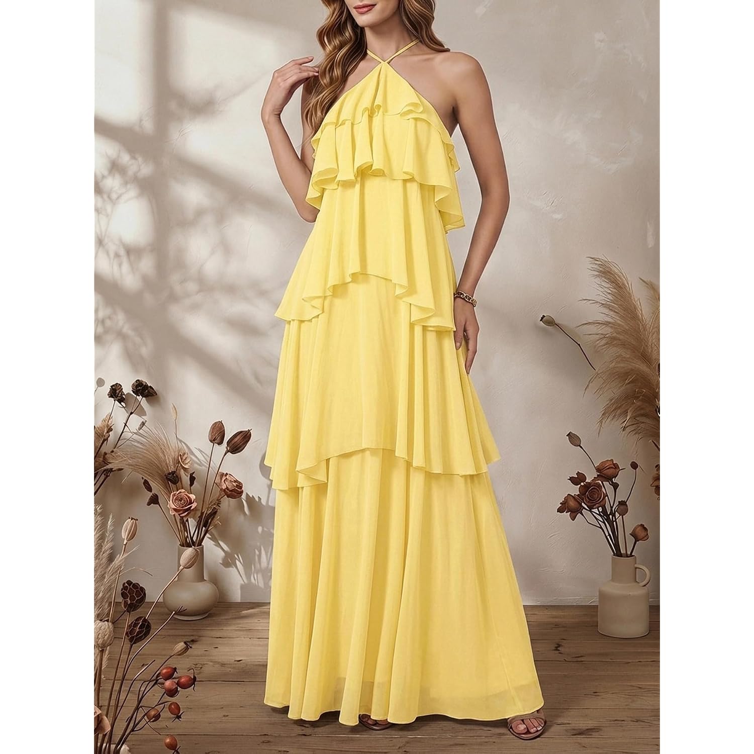 Soly Hux Women'S Wedding Guest Dress Sundresses Ruffle Layered Halter Backless Flowy Formal Maxi Dresses
