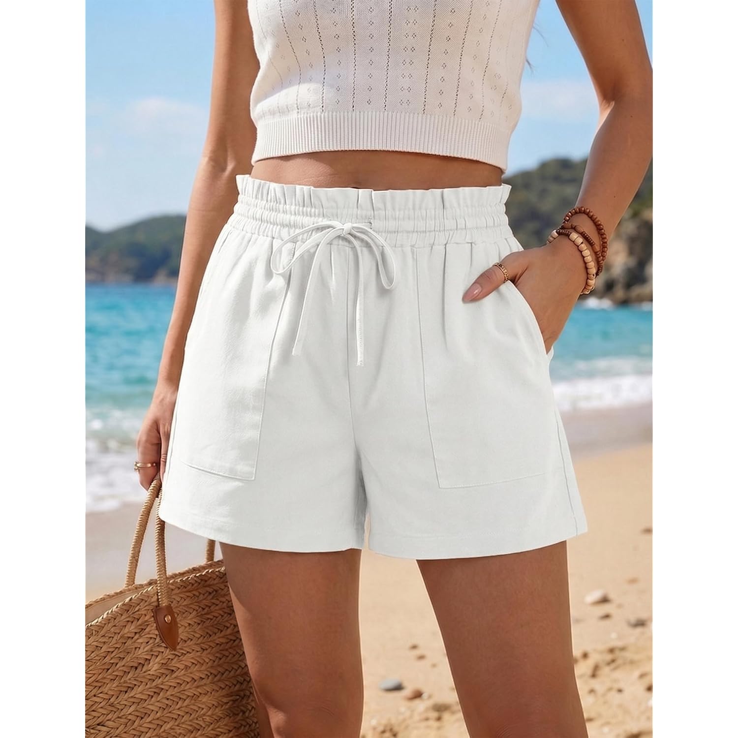 Linen Shorts for Women Summer Ruffle Waist Mid Waisted Drawstring Wide Leg Shorts with Pockets Vacation Outfit
