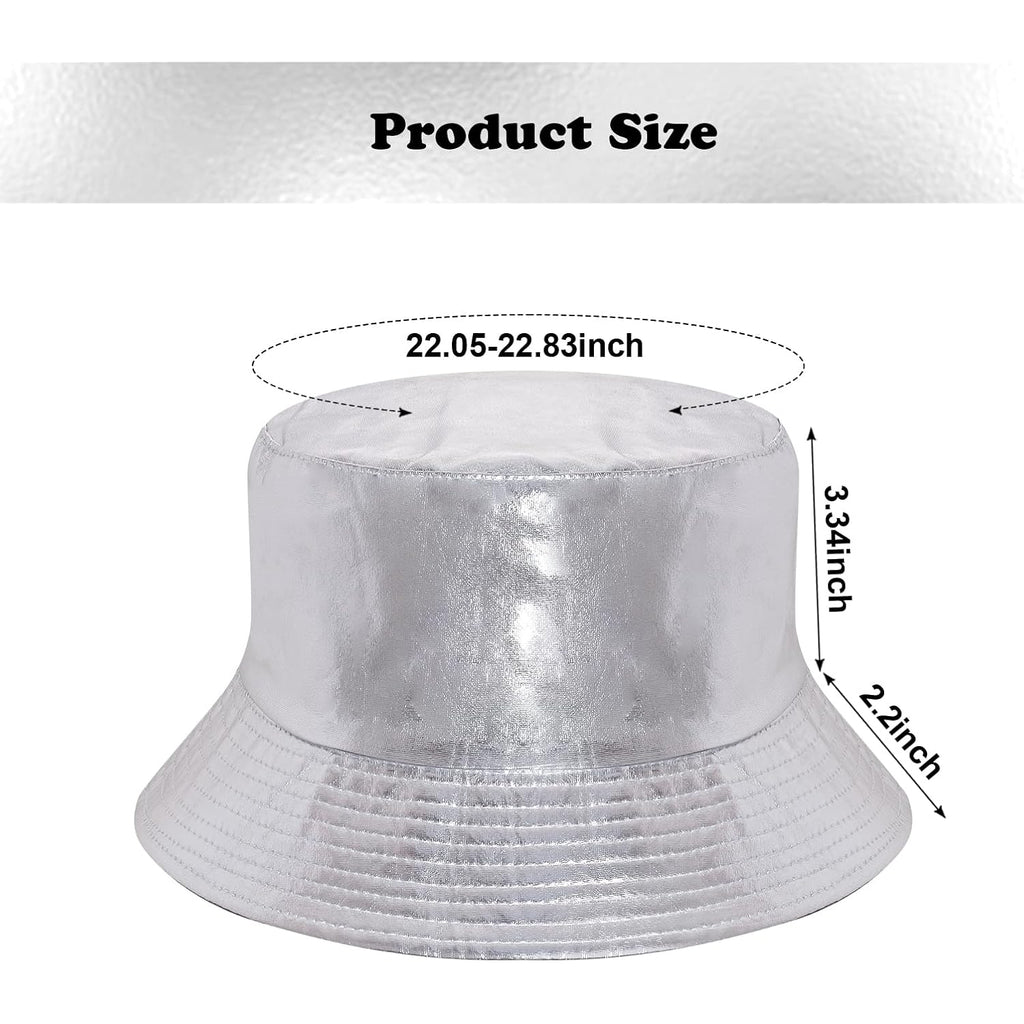 Fumwase Metallic Bucket-Hat Unisex Trendy Fisherman Sun Cap Packable Party Accessories Hats for Men Women Sliver