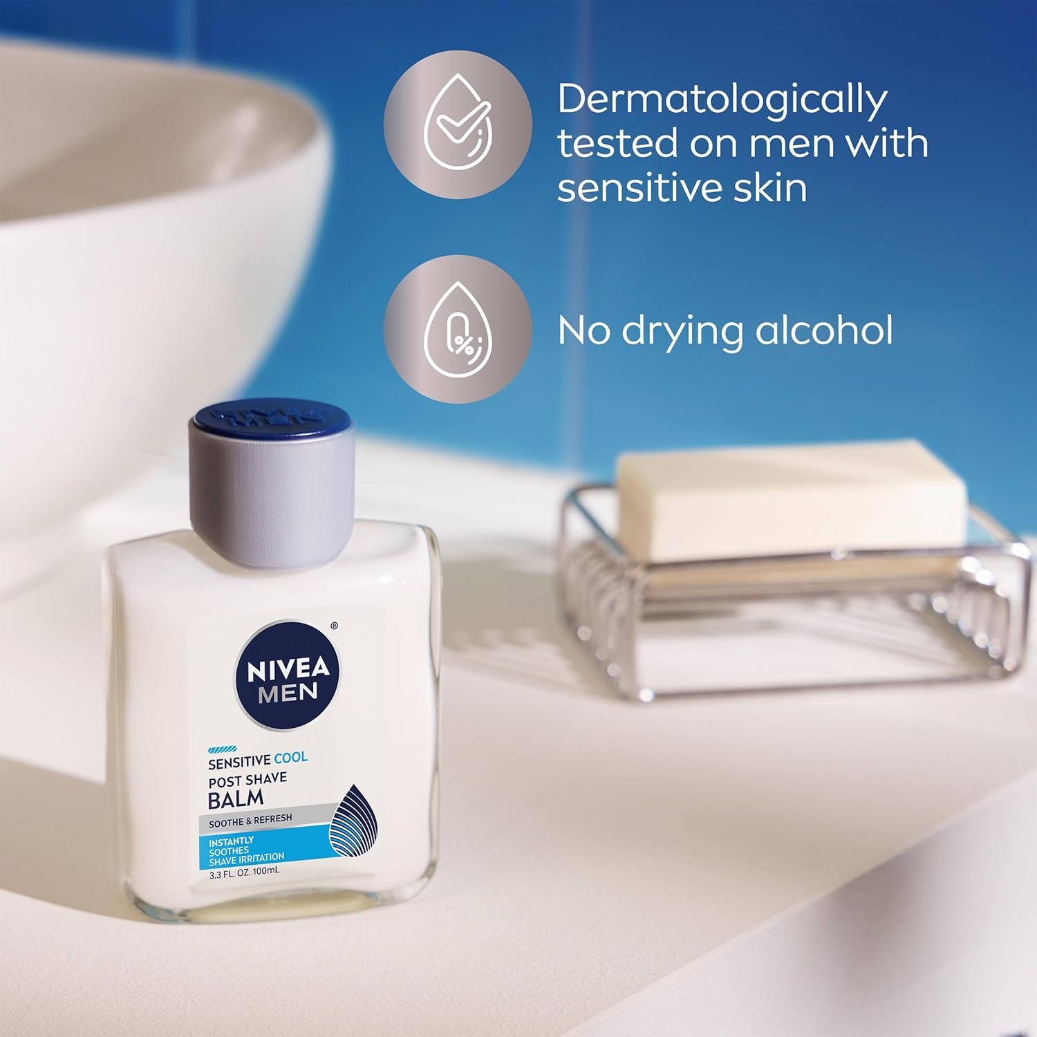 NIVEA MEN Sensitive Cool Post Shave Balm, Enriched with Chamomile and Seaweed Extracts, Alcohol Free After Shave Balm for Men, 3.3 Fl Oz Bottle, Pack of 3