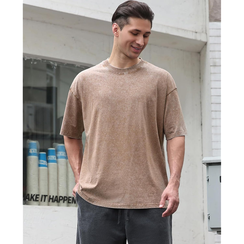 Men'S Cotton T-Shirts Oversized Unisex Short Sleeves Casual Loose Wash Solid Basic Tee Tops