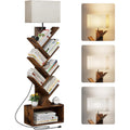 Evermagin 6 Tier Tree Bookshelf With Light, Narrow Bookcase Tower, Tall Floor Standing Book Organizer With Storage Cabinet For Living Room, Bedroom And Home Office, Rustic Brown
