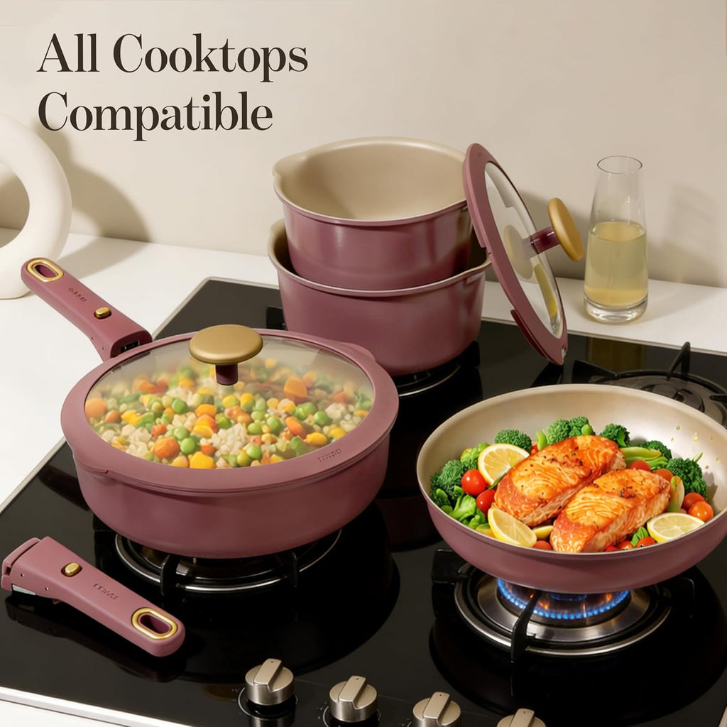 CAROTE 19 Pcs Pots and Pans Set, Nonstick Cookware Sets with Detachable Handle, Titanium Reinforced, Oven Safe, Cookware Non Stick Cooking Set w/Frying Pans & Saucepans Red(PFOS, PFOA Free)
