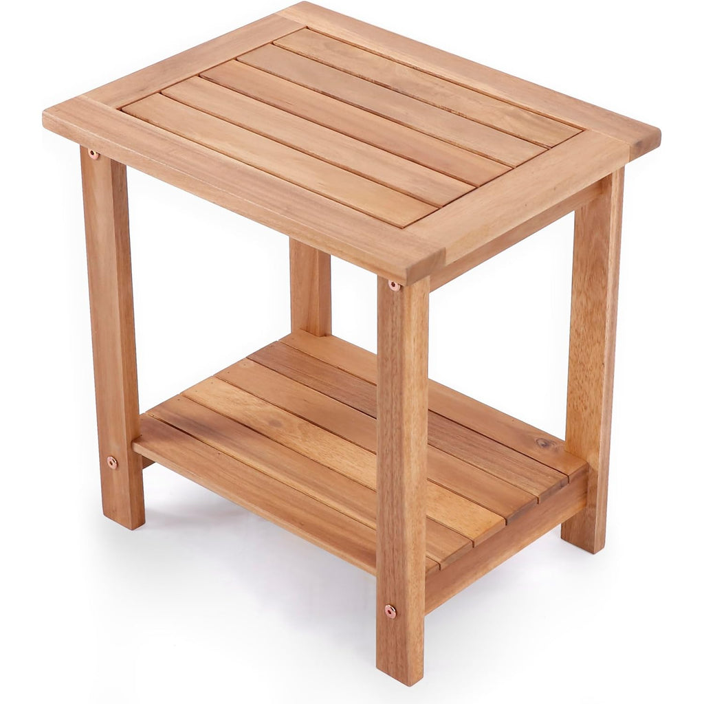 Solid Acacia Wood Side Table With 2-Tier Storage, Weather-Resistant Outdoor Indoor End Table, Natural Rustic Color Night Stand