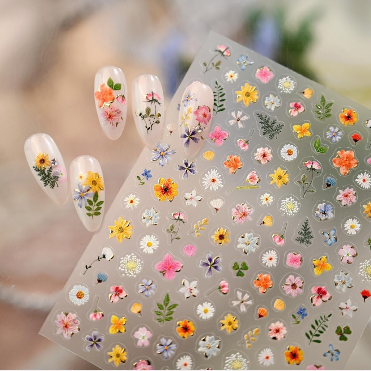 Flower Nail Stickers 5D Embossed Flower Nail Art Decals Floral Nail Design Self Adhesive Nail Decals for Nail Art Small Floral Nail Decoration Nail Art Supplies for Women