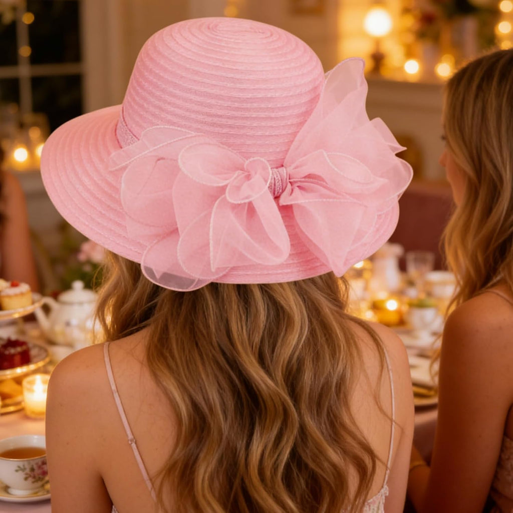 DRESHOW Lady Derby Dress Church Bowler Cloche Hat Bowknot Organza Bridal Cap for Wedding 1 Pack Bowler Hat: Pink
