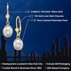 Gem Stone King 14K Gold 9MM Cultured Freshwater Pearl Dangle Earrings For Women | Leverback Gold Drop Earrings | Fine Jewelry Gifts for Women Her Mom Wife