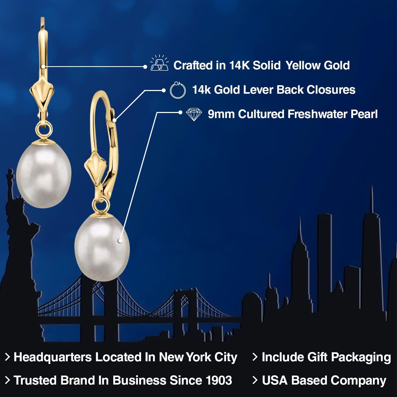 Gem Stone King 14K Gold 9MM Cultured Freshwater Pearl Dangle Earrings For Women | Leverback Gold Drop Earrings | Fine Jewelry Gifts for Women Her Mom Wife