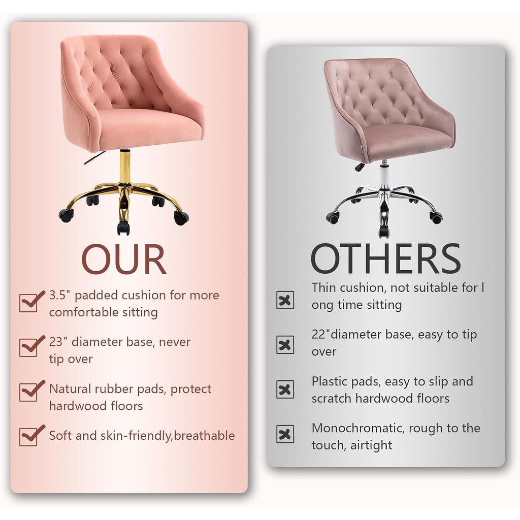 Mojay Velvet Home Office Desk Chair, Vanity Chair With Wheels Pretty Fancy Gold 360°Swivel Height Adjustable Office Chairs For Girls Home Offices, Bedrooms, Living Room (Pink)