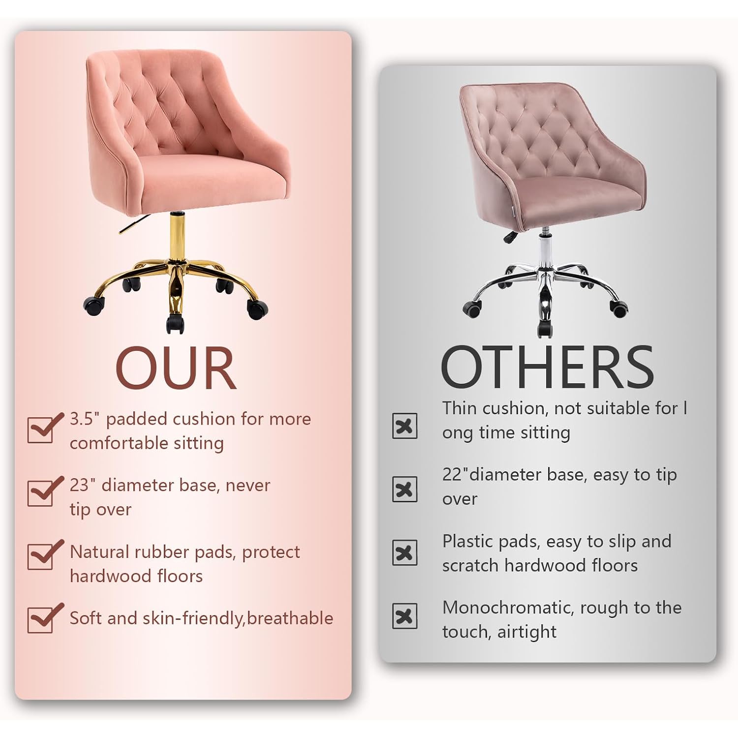 Mojay Velvet Home Office Desk Chair, Vanity Chair With Wheels Pretty Fancy Gold 360°Swivel Height Adjustable Office Chairs For Girls Home Offices, Bedrooms, Living Room (Pink)